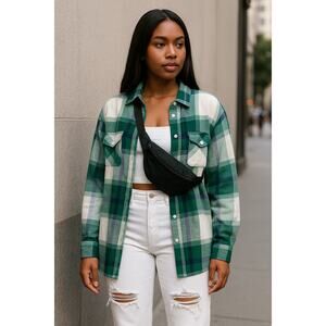 New Small Long Plaid Button Up Flannel Long Sleeve Top Blouse Down Fall‎ Green